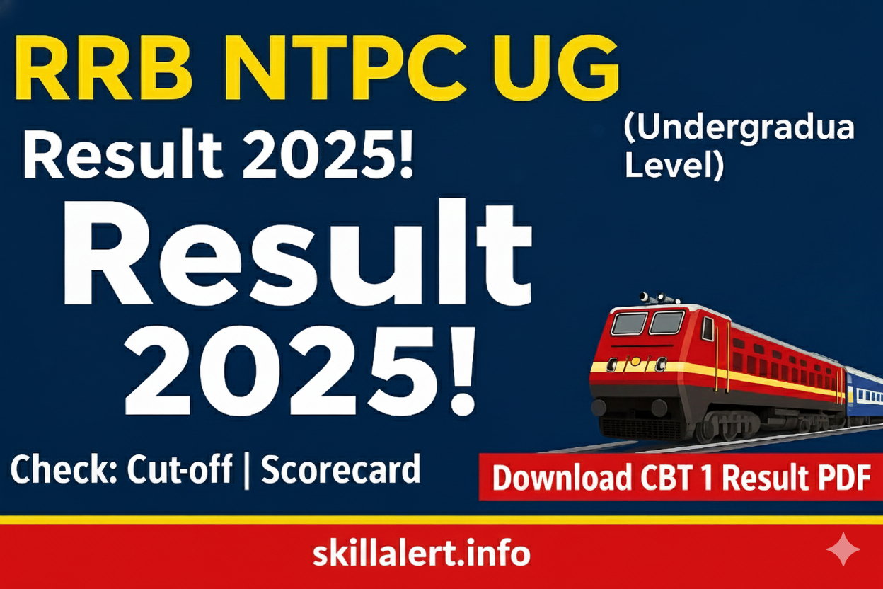 RRB NTPC UG Result 2025 notification banner with railway image, download CBT 1 result PDF, cut-off and scorecard details