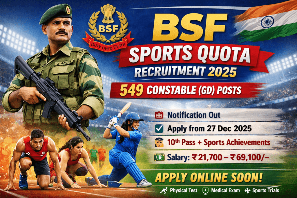 BSF Sports Quota Recruitment 2025 feature image showing 549 Constable GD sports quota vacancies, eligibility, salary and apply online details.