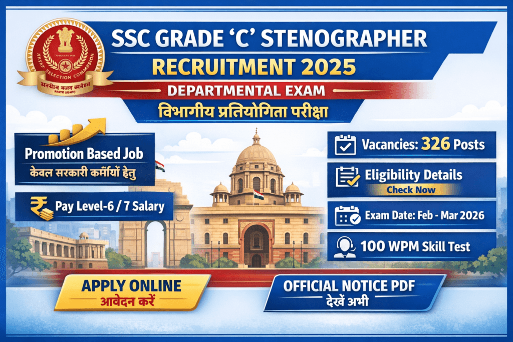 SSC Grade C Stenographer Recruitment 2025 Departmental Exam Apply Online Notification.
