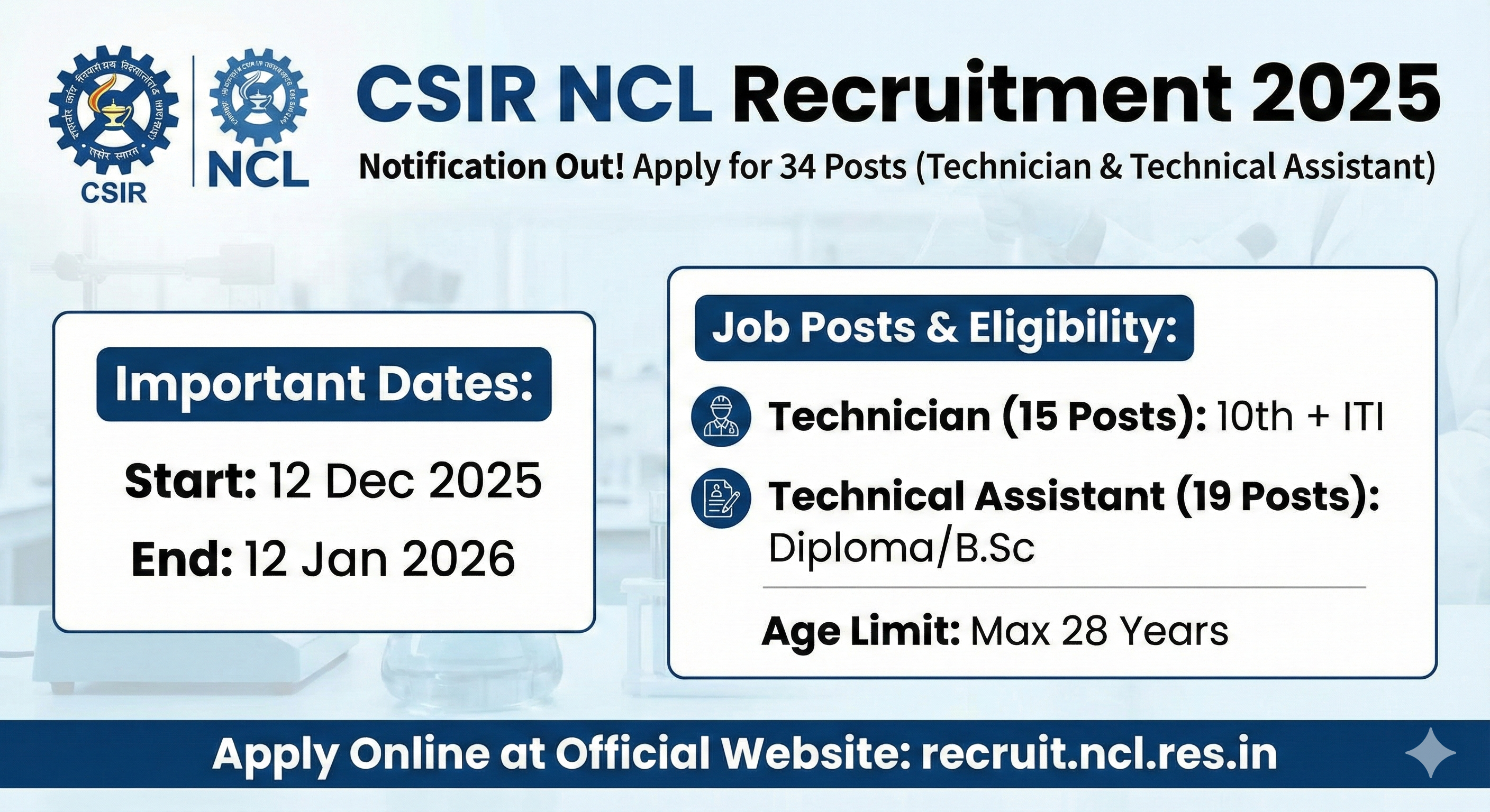 CSIR NCL Recruitment 2025 Apply Online for 34 Technical & Scientific Posts.