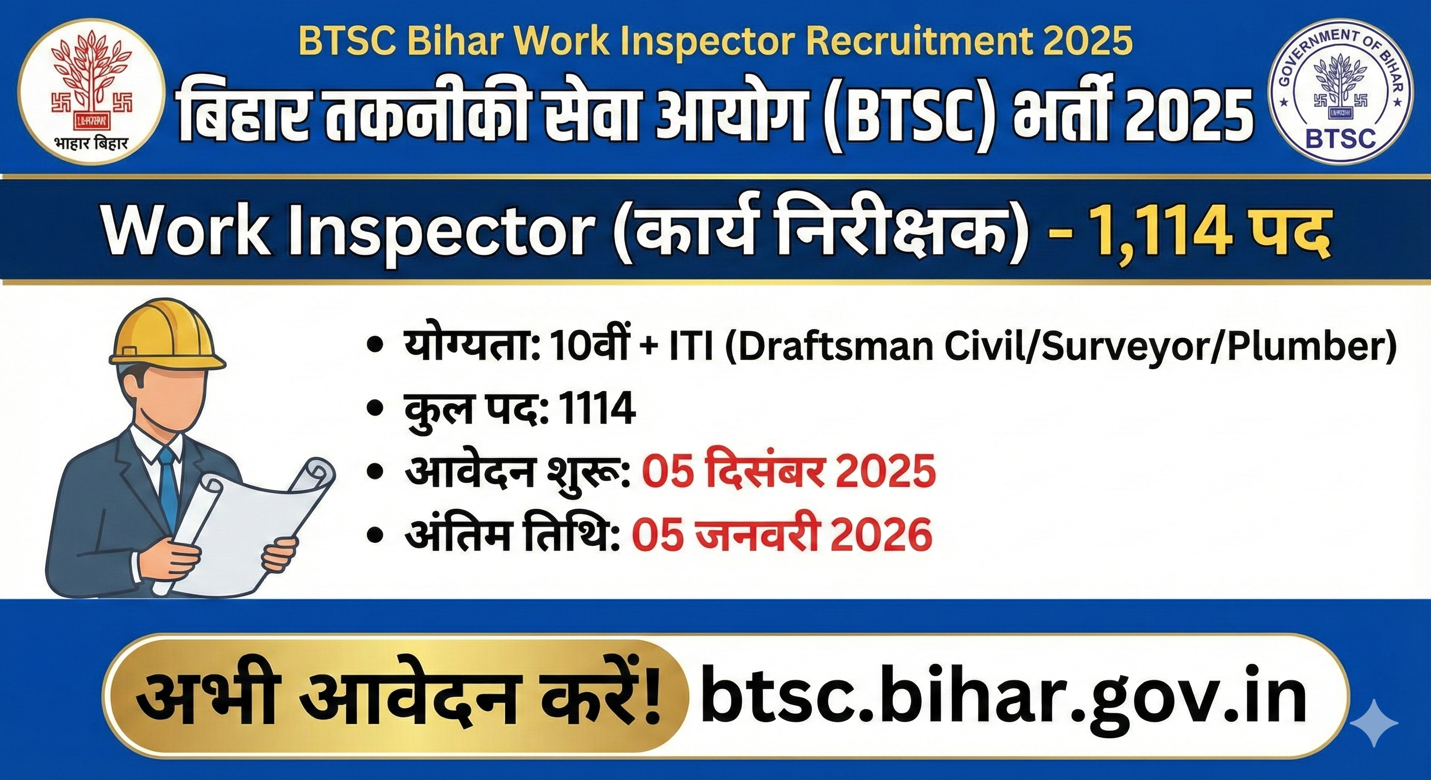 BTSC Bihar Work Inspector Recruitment 2025 notification, eligibility, vacancies and online application details