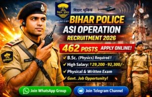 Bihar Police ASI Operation Recruitment 2026 feature image showing police officer, wireless tower, and 462 vacancy notification.