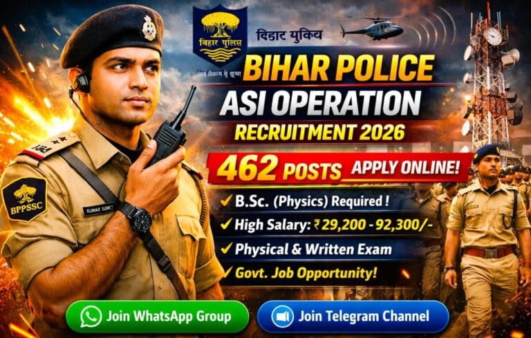 Bihar Police ASI Operation Recruitment 2026 feature image showing police officer, wireless tower, and 462 vacancy notification.